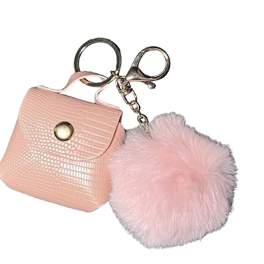 Pink Faux Leather Pom Pom Keychain  mini purse bag charm Lizard print Gold